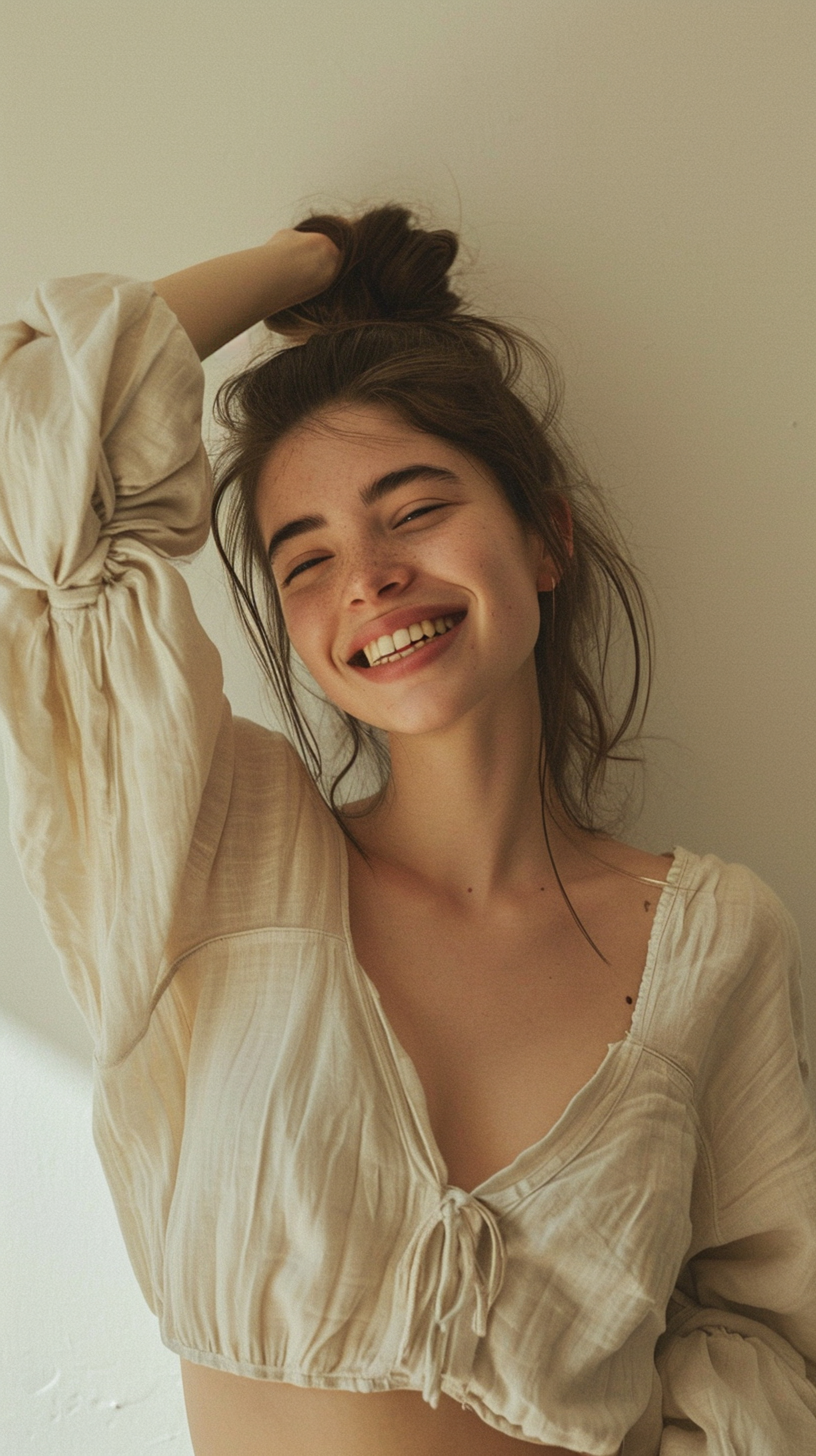 A female smiling i holding a ponytail and is posing for a photographer, light bronze and white, , subtle, earthy tones, playfully intricate, lyon school, out of frame --ar 9:16 --style raw --v 6 Job ID: 212070e2-662c-48ee-bf87-52c346424754